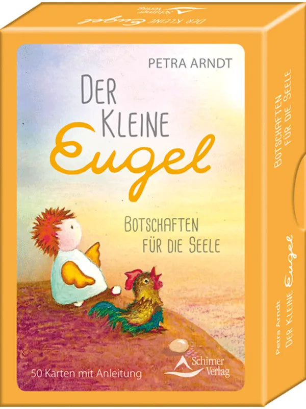 Kartenset-Cover in Orangetönen mit gezeichnetem kleinen Engel und Hahn