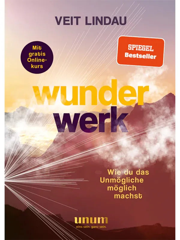 Das Buchcover "Wunderwerk" von Veit Lindau mit Bergen bei Sonnenaufgang im Hintergrund