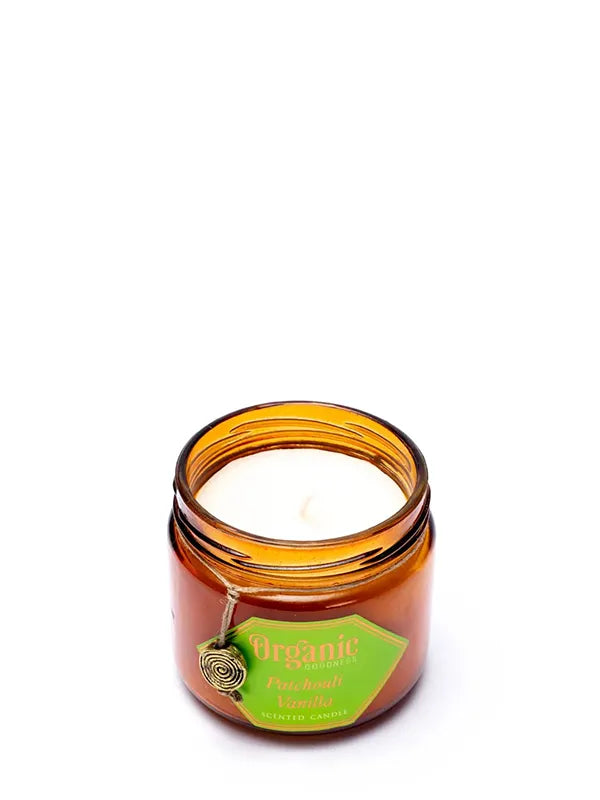 Die Duftkerze "Patchouli Vanille" von Organic Goodness im Schraubglas